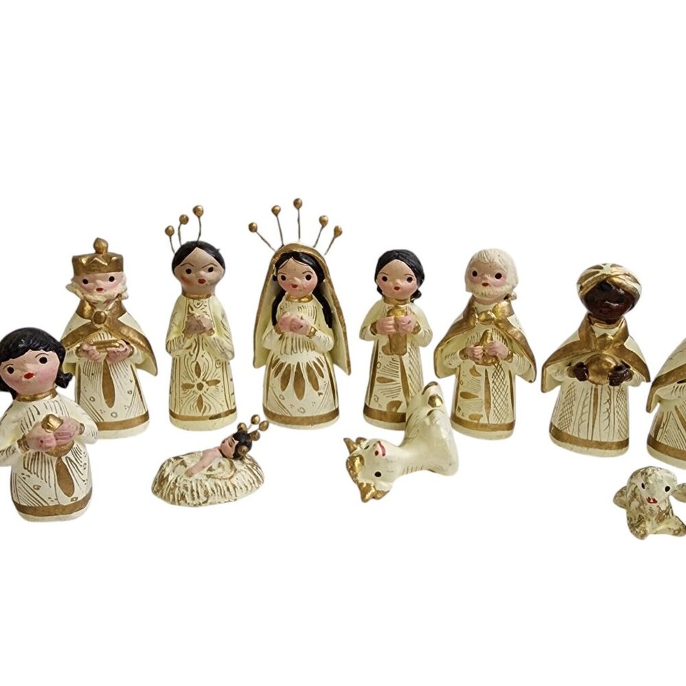 Vintage Mexican 13 Pc. Nativity Set Folk Art Handmade Hand Painted Pottery Mini